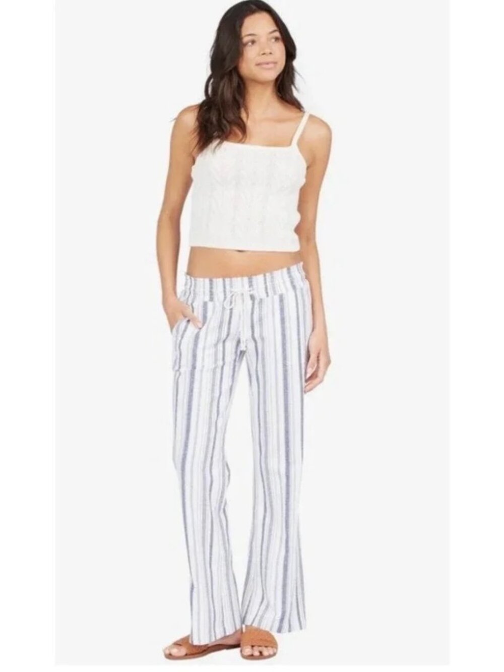 Roxy Oceanside Navy and White Stripe Wide Leg Beach Linen Blend Pants Size XL